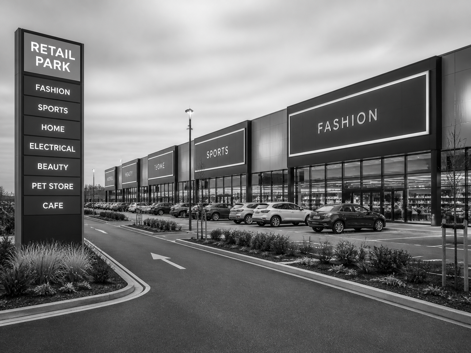 European retail park with fascia signage and parking