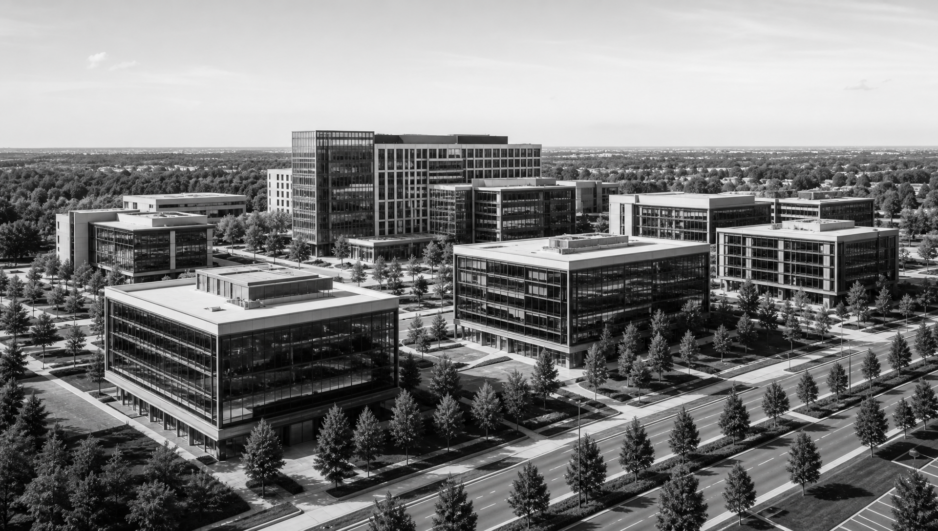 Aerial view of a European office business park
